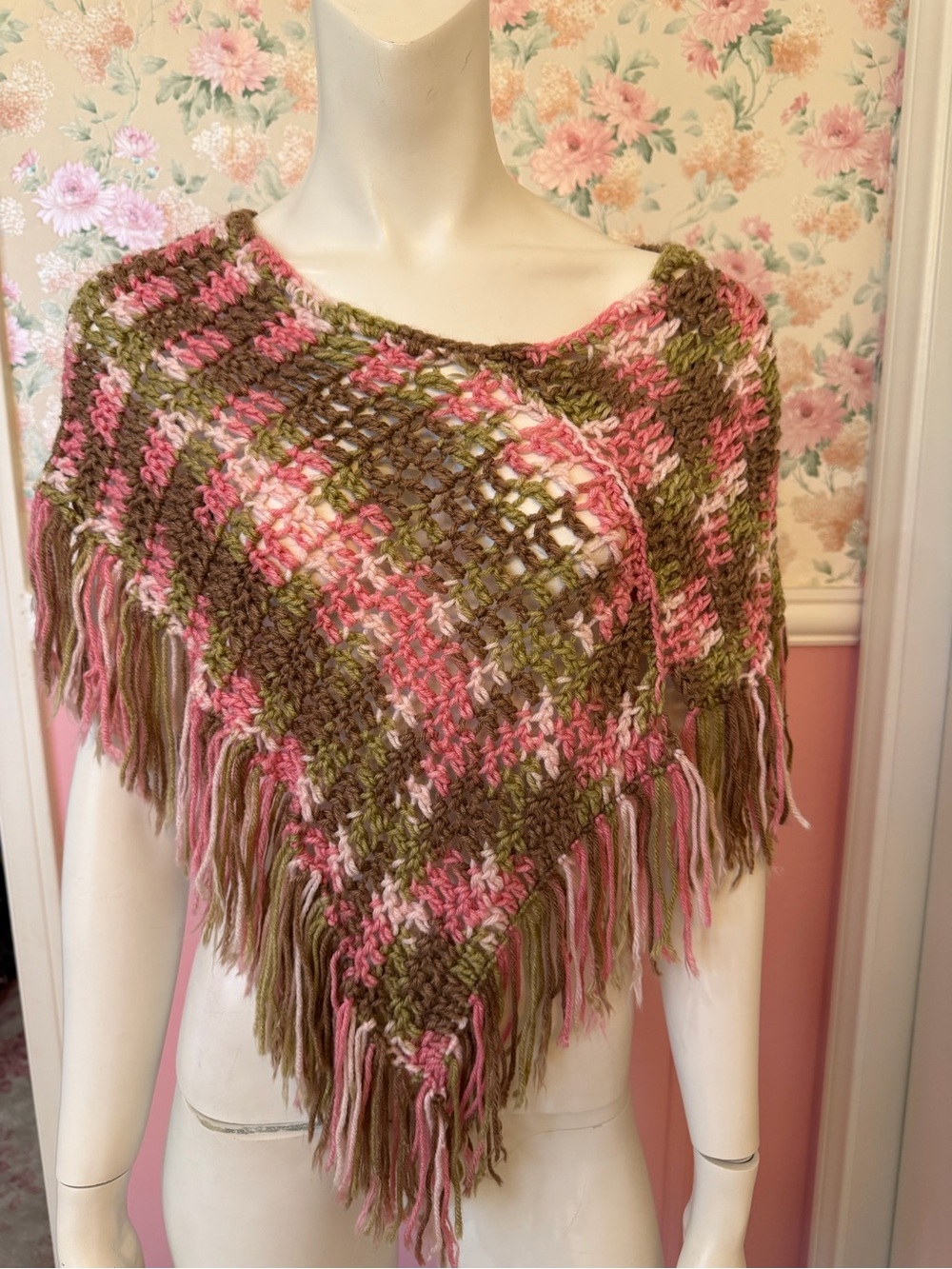 American Vintage Pink, Olive & Brown Crochet Fringe Poncho